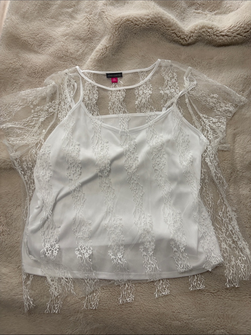 Vince Camuto White Sheer Lace Overlay Camisole with Built-In Tank